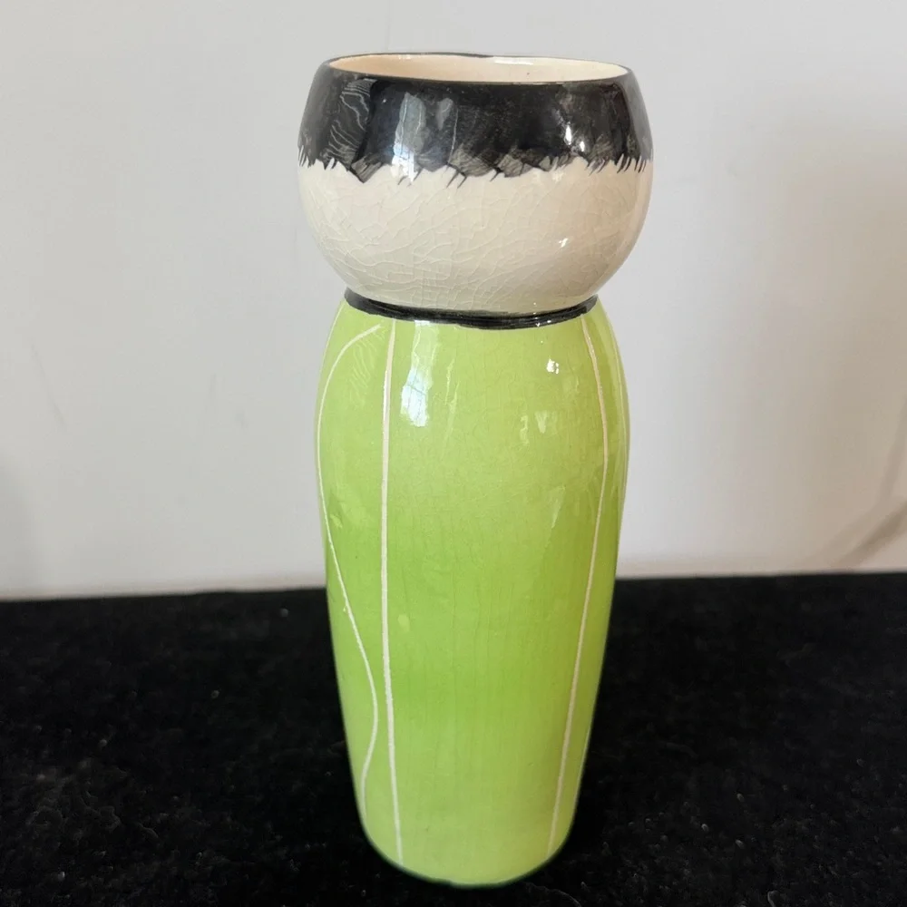 Hand-Painted Green Ceramic Painted Asian boy Vase